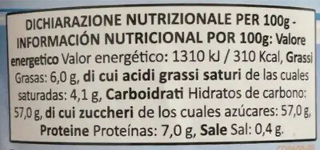 Arequipe nutrition facts table
