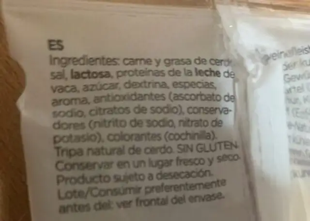 Longaniza de payés extra ingredients label
