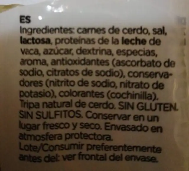 Longaniza de payés extra nutrition facts table