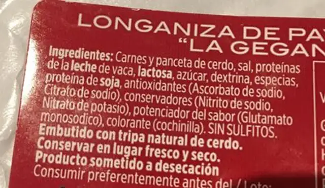 Longaniza de payes ingredients label
