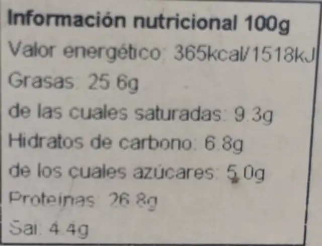 La Geganta Extra nutrition facts table
