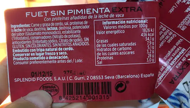 Fuet sin pimienta extra ingredients label