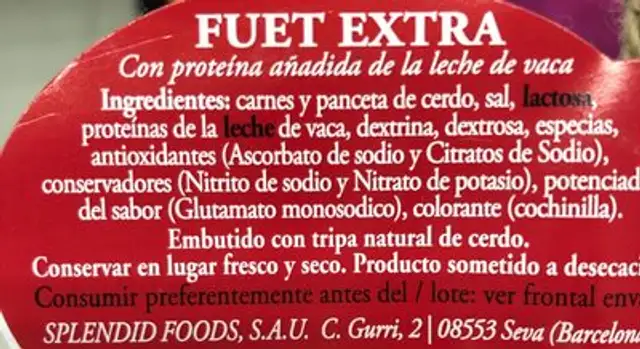 Espetec sin gluten ingredients label