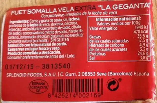 Fuet nutrition facts table
