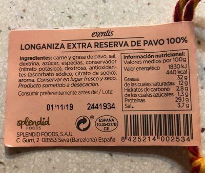 Longaniza extre reserva de pavo 100% front packaging
