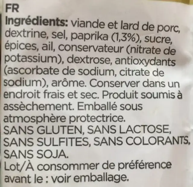 Exentis Llonganissa extra ingredients label