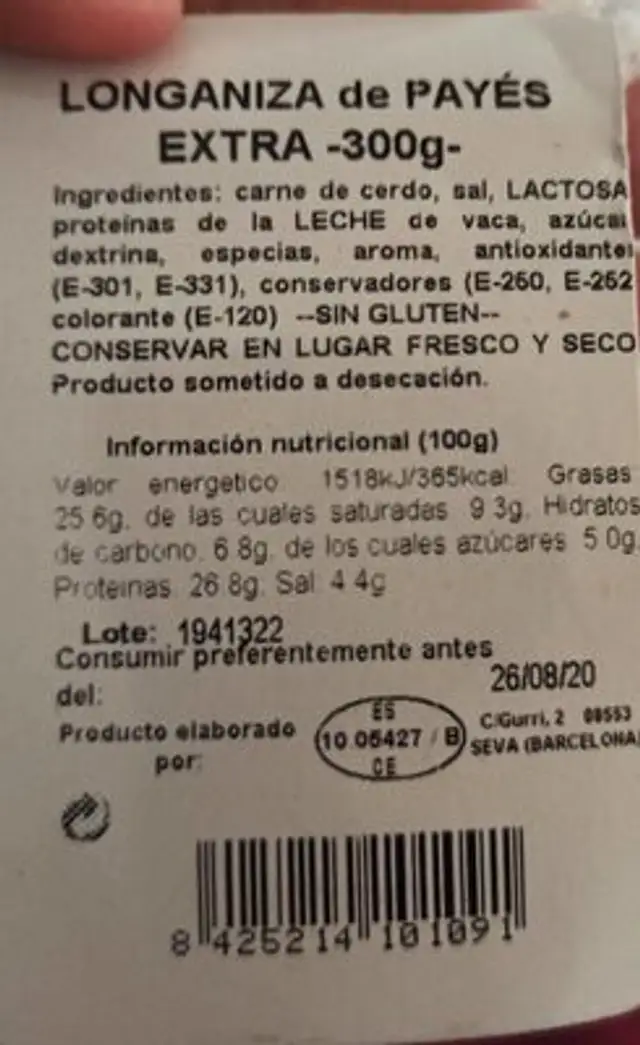 Longaniza de Payes extra 300 g nutrition facts table