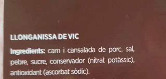 Llonganissa Vic ingredients label