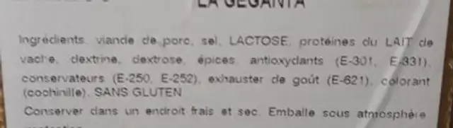 La Gérants extra ingredients label