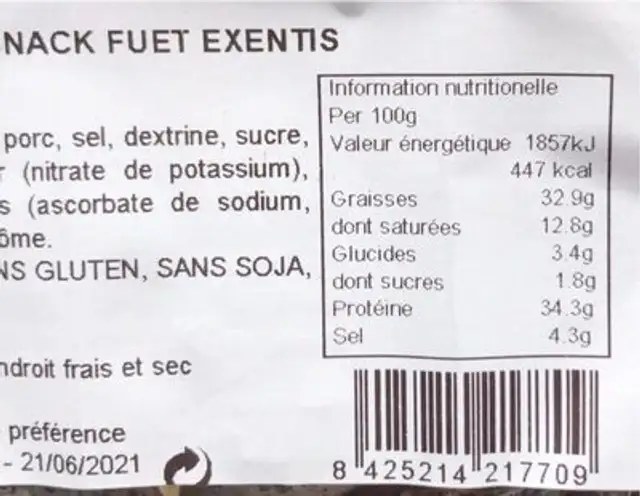 Mini Fuet extra nutrition facts table