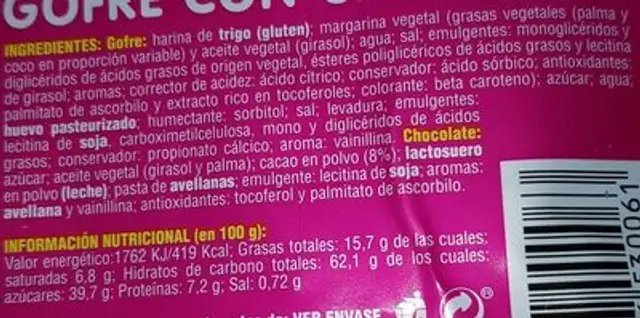 Gofre con chocolate nutrition facts table