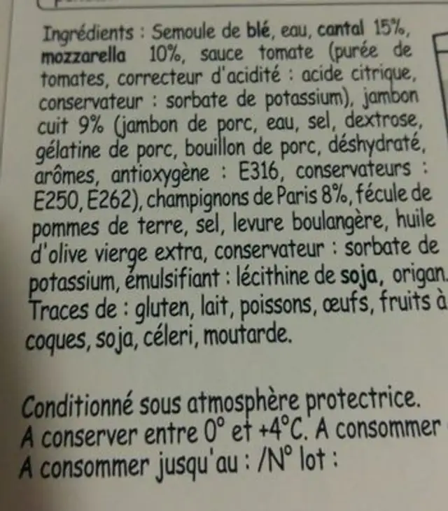 Pizza du Cantal ingredients label