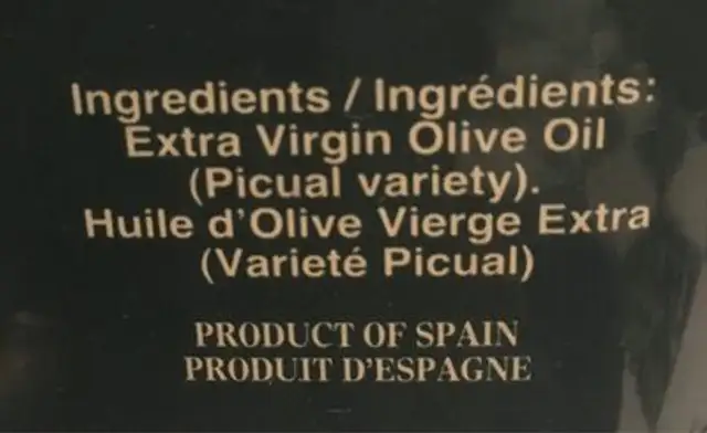 Huile d'olive vierge extra ingredients label