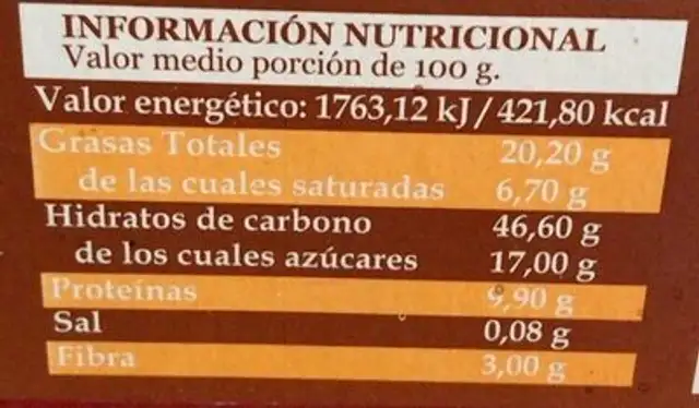 Tarta de Santiago nutrition facts table