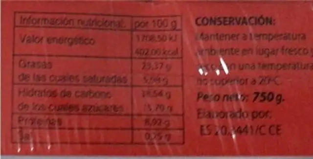 Tarde de almendra nutrition facts table