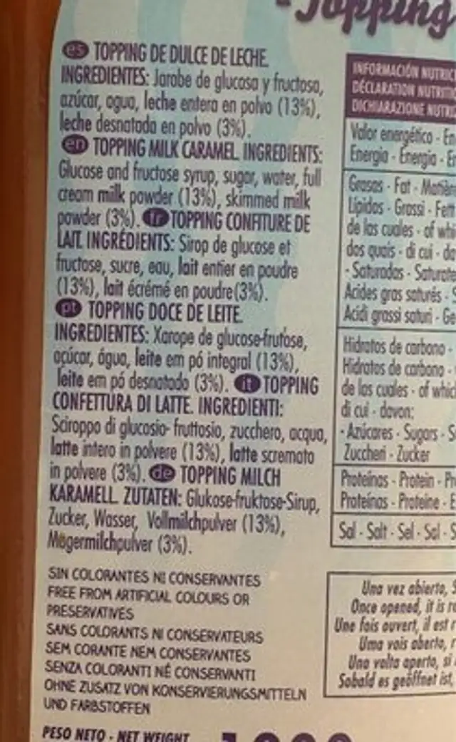 Dulce de leche ingredients label