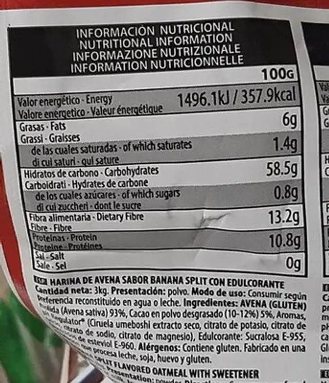 Oatmeal 3K nutrition facts table