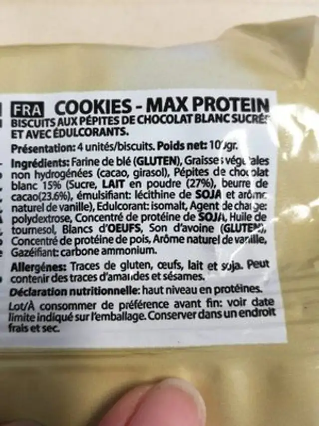 Max cookies white choc ingredients label