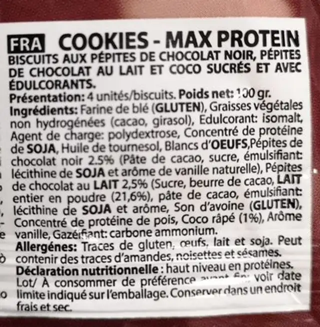 Max cookies ingredients label