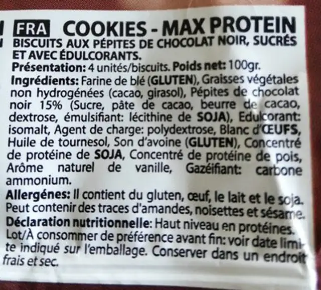 Max cookies ingredients label