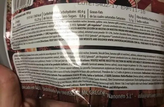 Oatmeal ingredients label