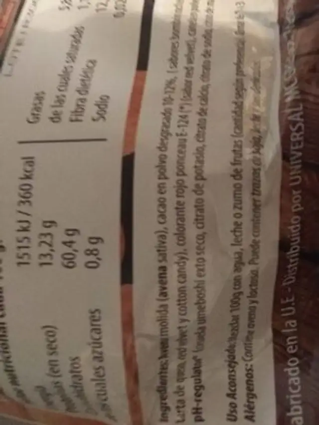 harina de avena nutrition facts table