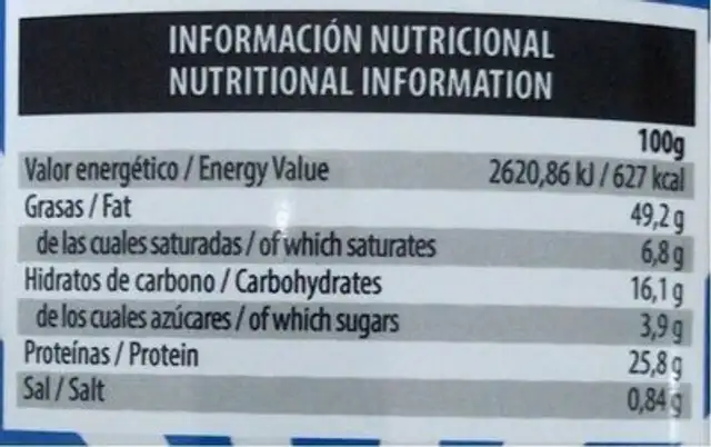 MC MANI nutrition facts table