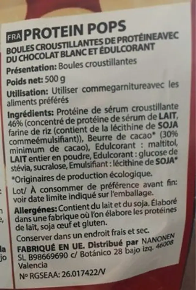 Protein Pops ingredients label