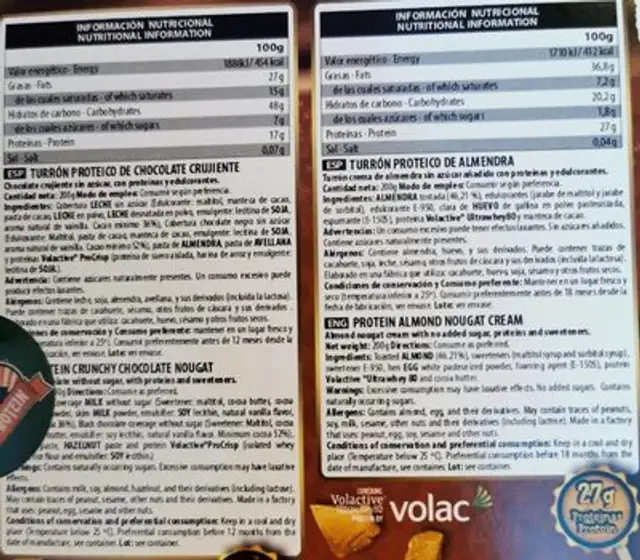 Turrón proteico nutrition facts table