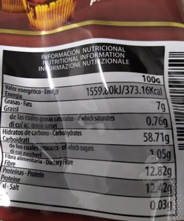 Harina de Avena micronizada nutrition facts table