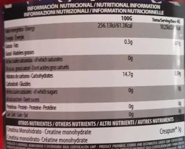 Creatina BIG nutrition facts table