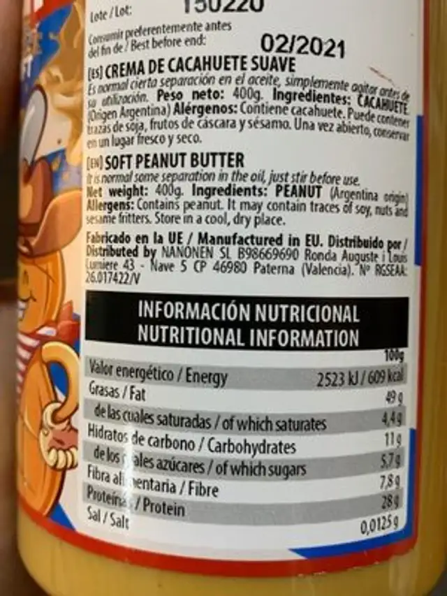 Crema de cacahuete nutrition facts table