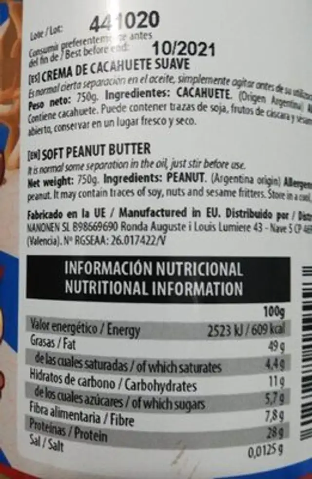 Crema de mani nutrition facts table
