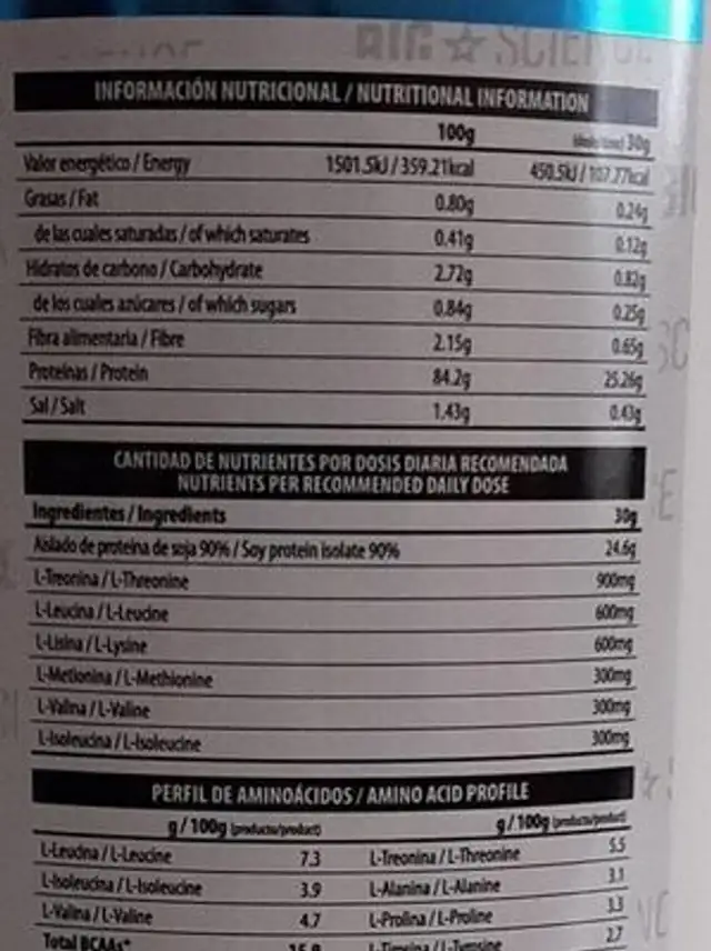 Vegan Amino+ nutrition facts table