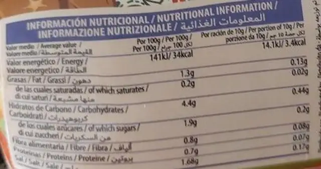 Gringa nutrition facts table