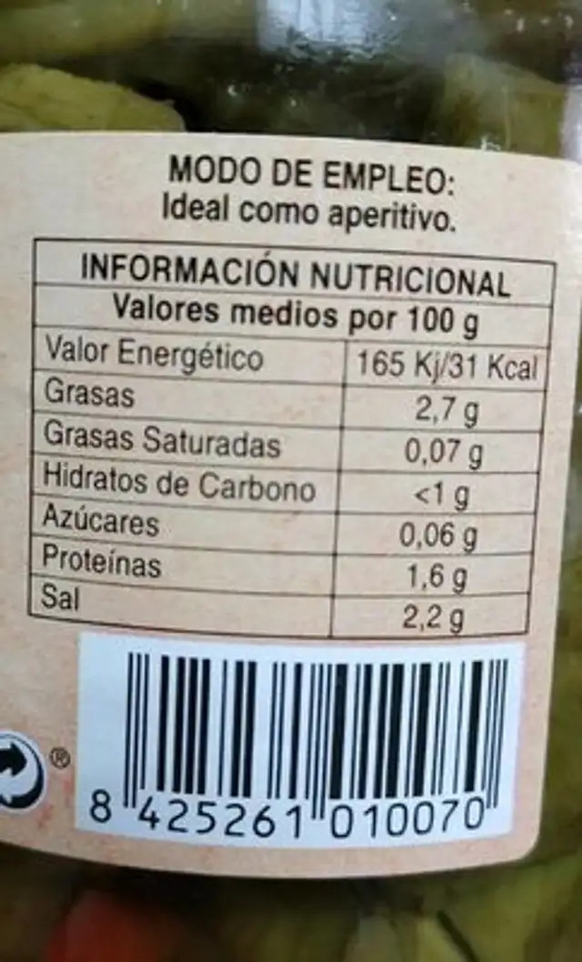 Berenjenas en Vinagre nutrition facts table