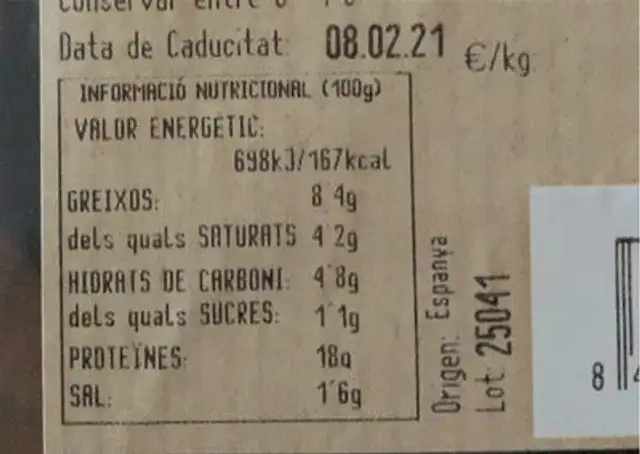 Burger meat de vedella nutrition facts table