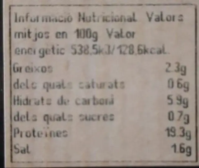 Unknown nutrition facts table