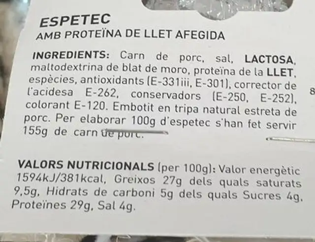 Espetec de cerdo nutrition facts table