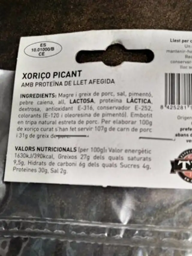 Xoriço picant nutrition facts table
