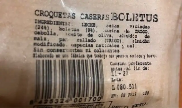 Croquetas boletus Yaya Ana nutrition facts table
