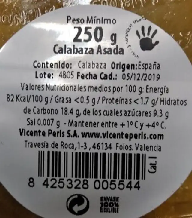 Calabaza asada nutrition facts table
