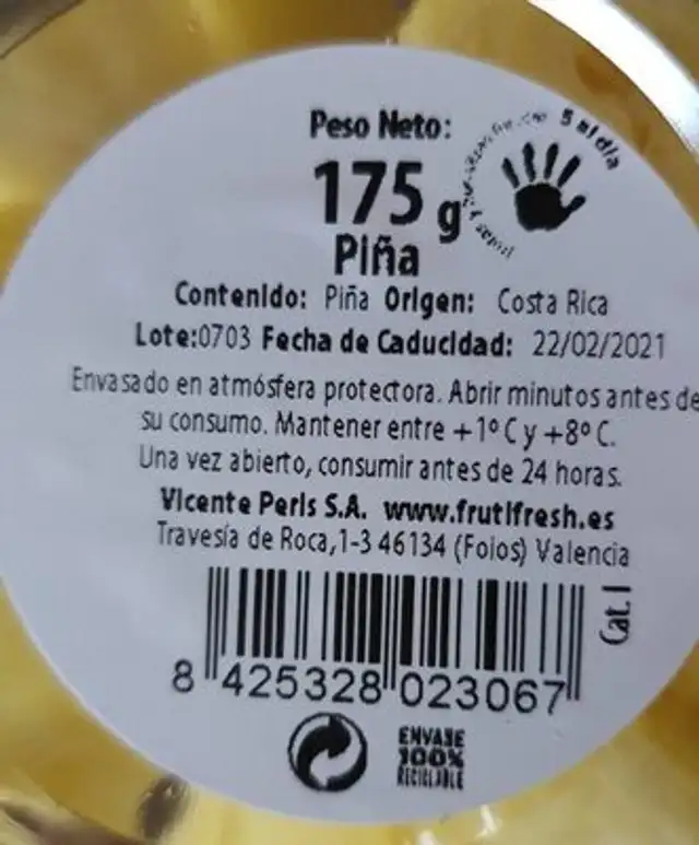 Piña nutrition facts table