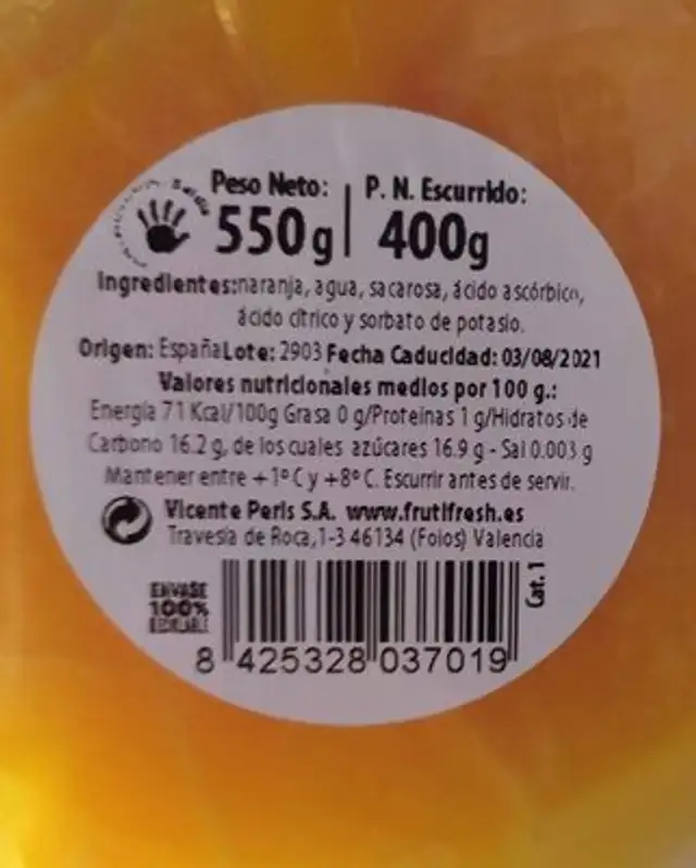 Naranja Gourmet nutrition facts table