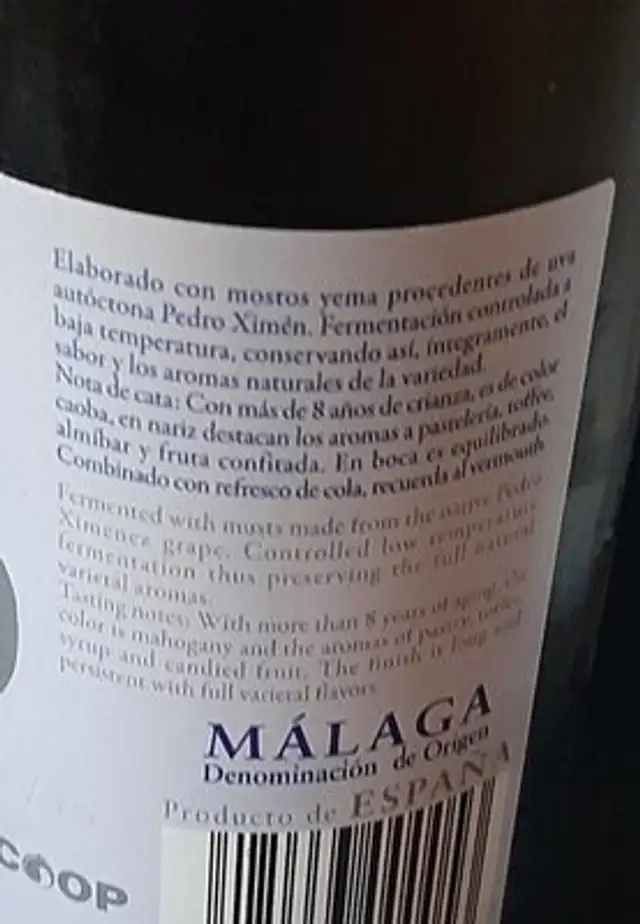 Vino Málaga añejo nutrition facts table