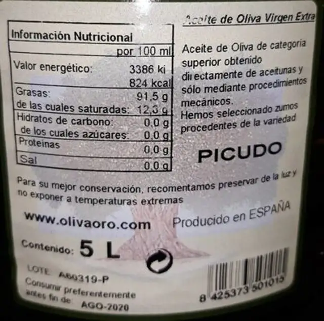 Aceite de oliva virgen extra nutrition facts table