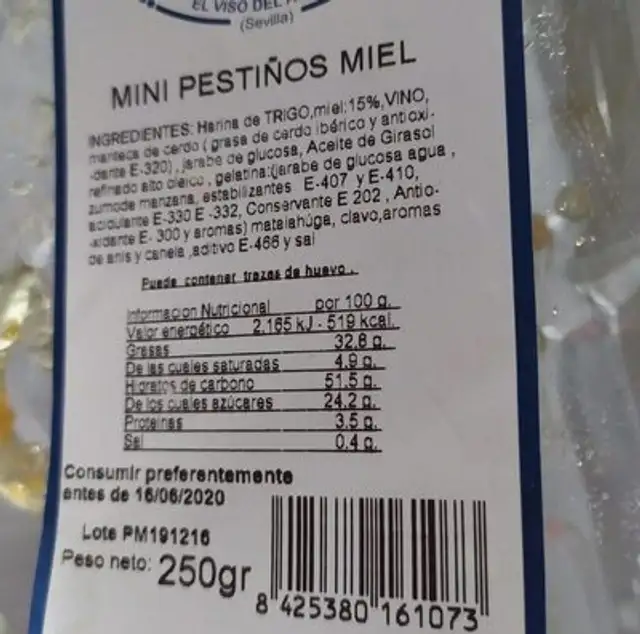 Pestiños nutrition facts table