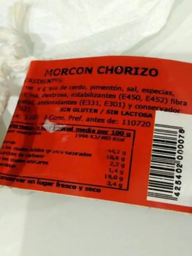 MORCÓN CHORIZO nutrition facts table