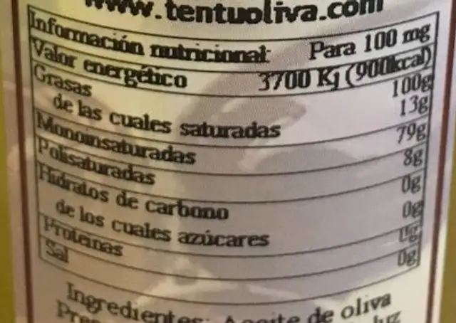 Aceite de Oliva Virgen Extra nutrition facts table