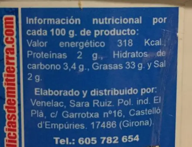 Mantequilla Crema nutrition facts table